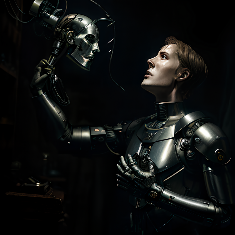 robot with human face looking at robot head, which it holds in its hand