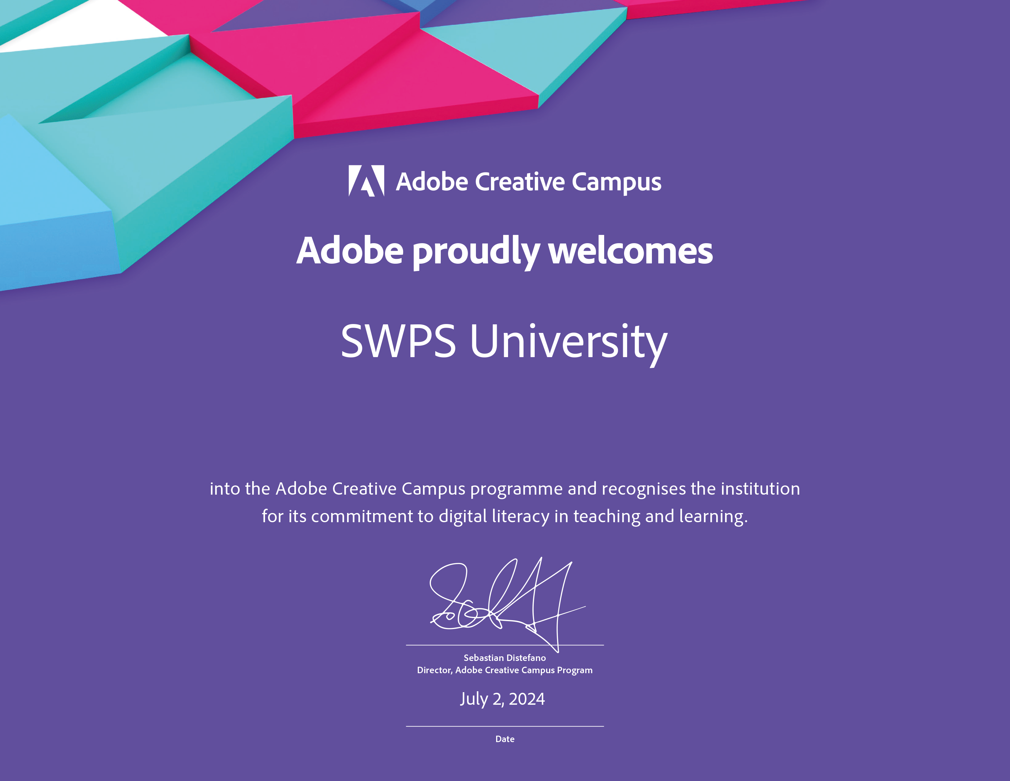 Adobe Creative Campus welcome certificate for SWPS University