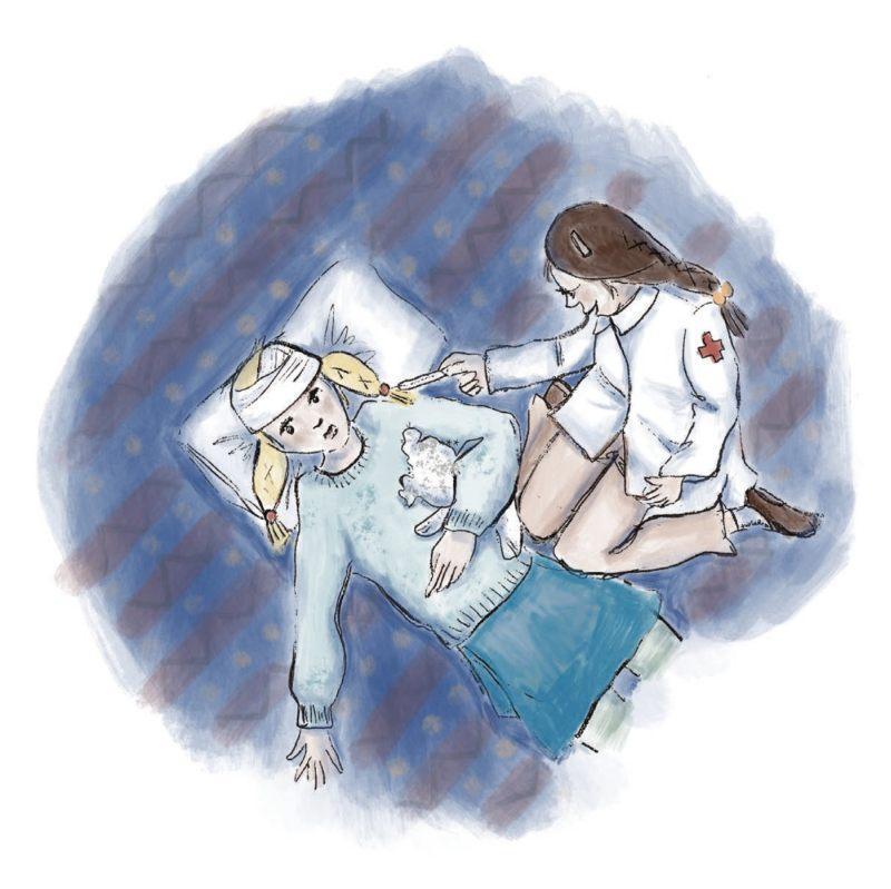 An illustration from the book shows a girl lying on a pillow and a female doctor sitting beside her with a thermometer